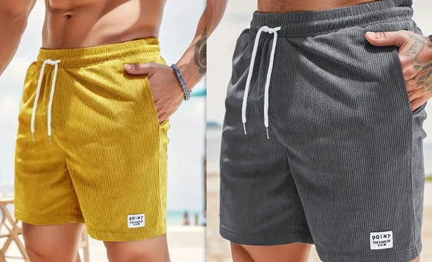 Mens lace-up drawstring corduroy sports shorts in army green and black, front view, straight-leg fit