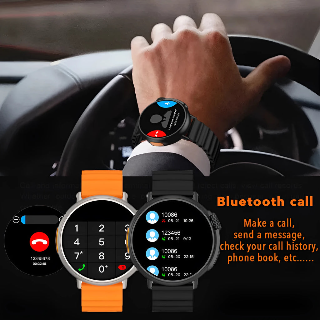 Smart watch with 1.6 inch AMOLED screen, titanium alloy case, silicone strap, round dial, Bluetooth calling