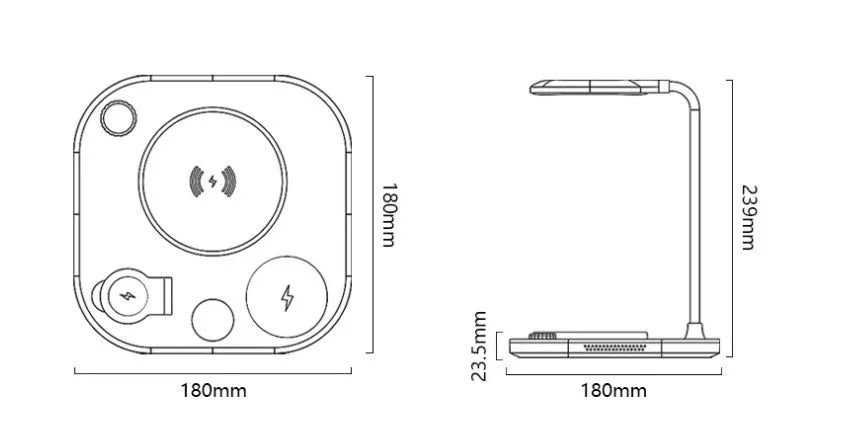 Black wireless magnetic charging station with desk lamp showing three smartphones charging simultaneously
