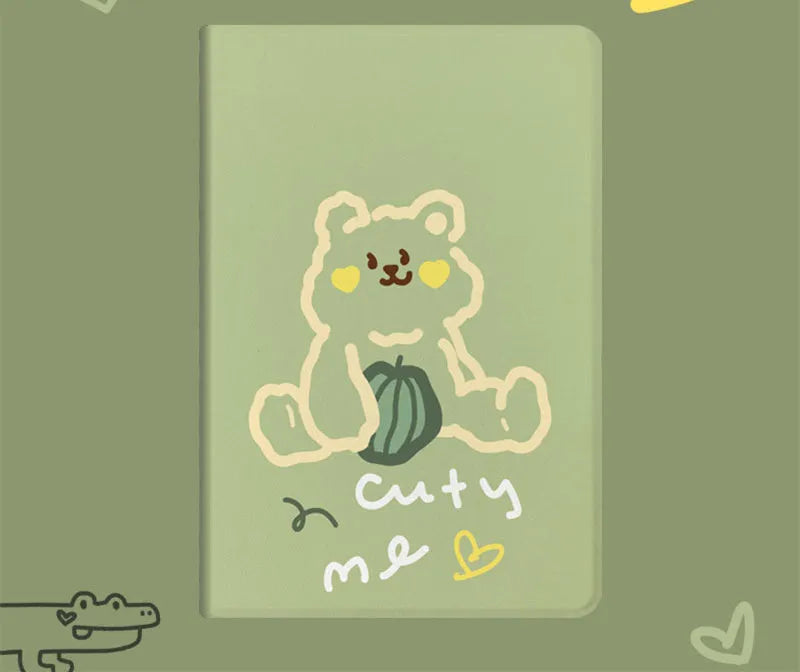 Korean cartoon flip iPad case in Matcha Zoo design, imitation leather, fitted on an iPad showing the front cover with sleep function