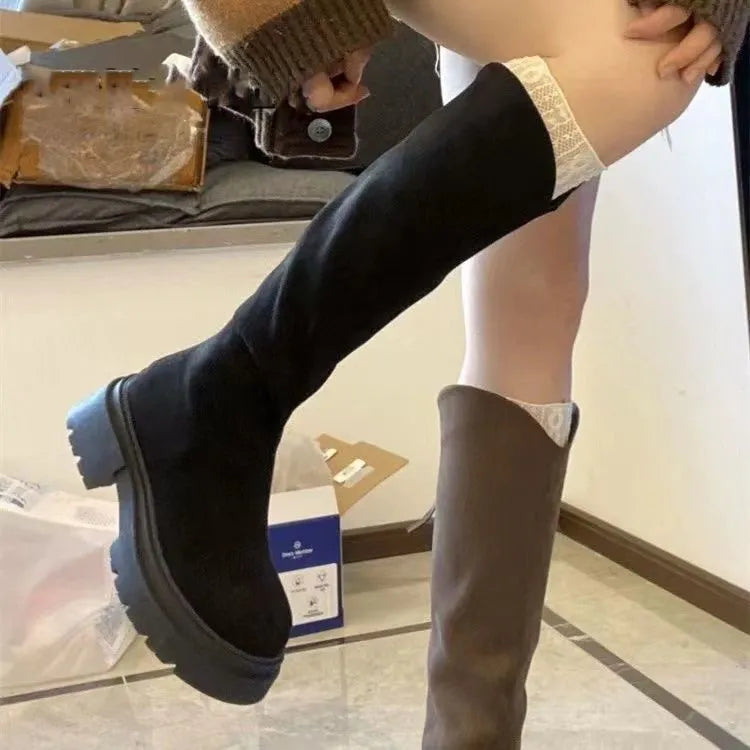 Women's solid colour wide-leg high-elasticity boots with mid heel and waterproof platform, available in black and brown