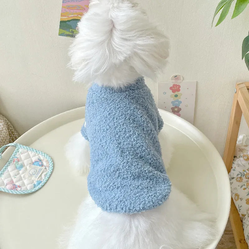 Brown double-sided cloud velvet dog jacket on a small dog, showing plush texture and fit.