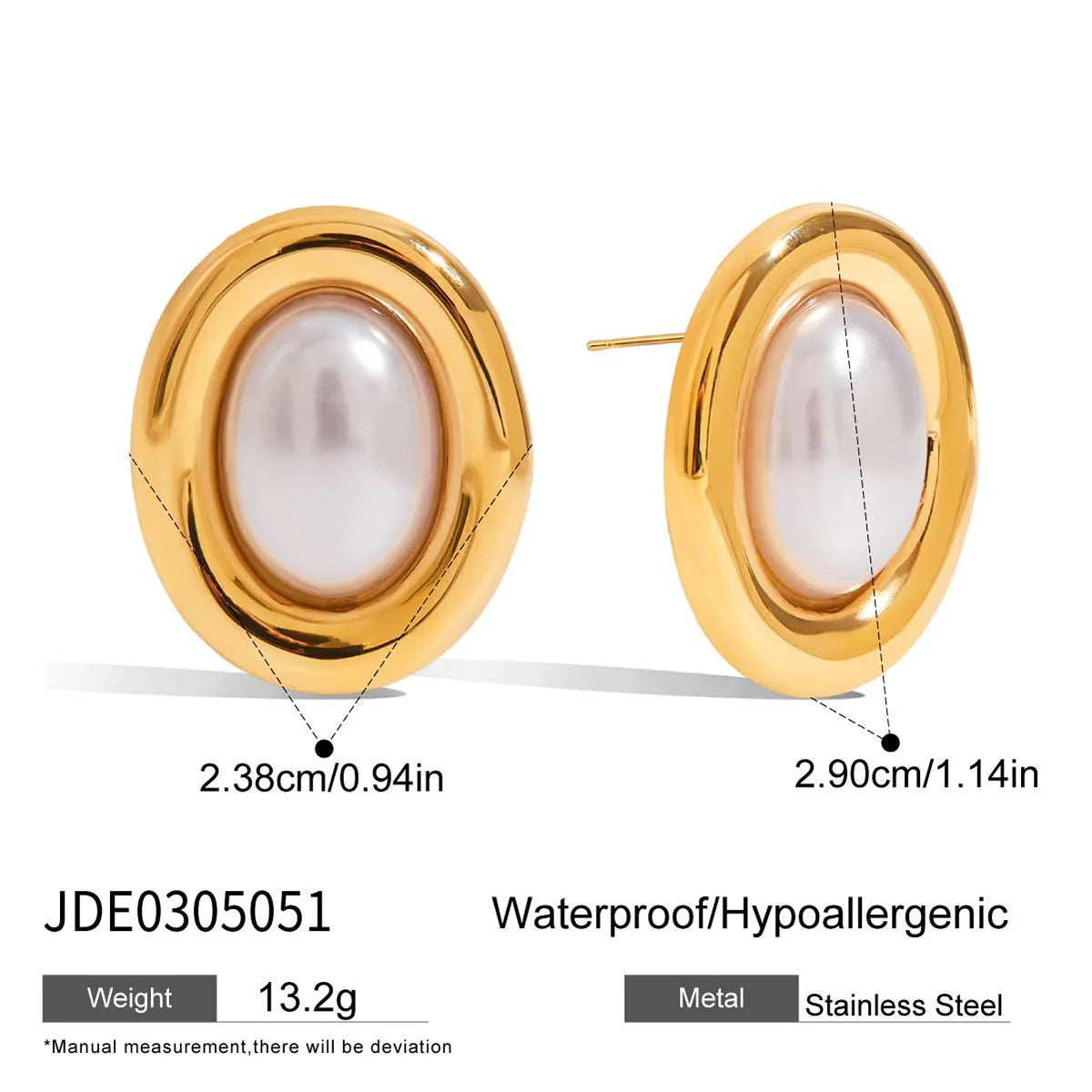 Stainless steel vintage pearl ear studs for women with electroplated finish.