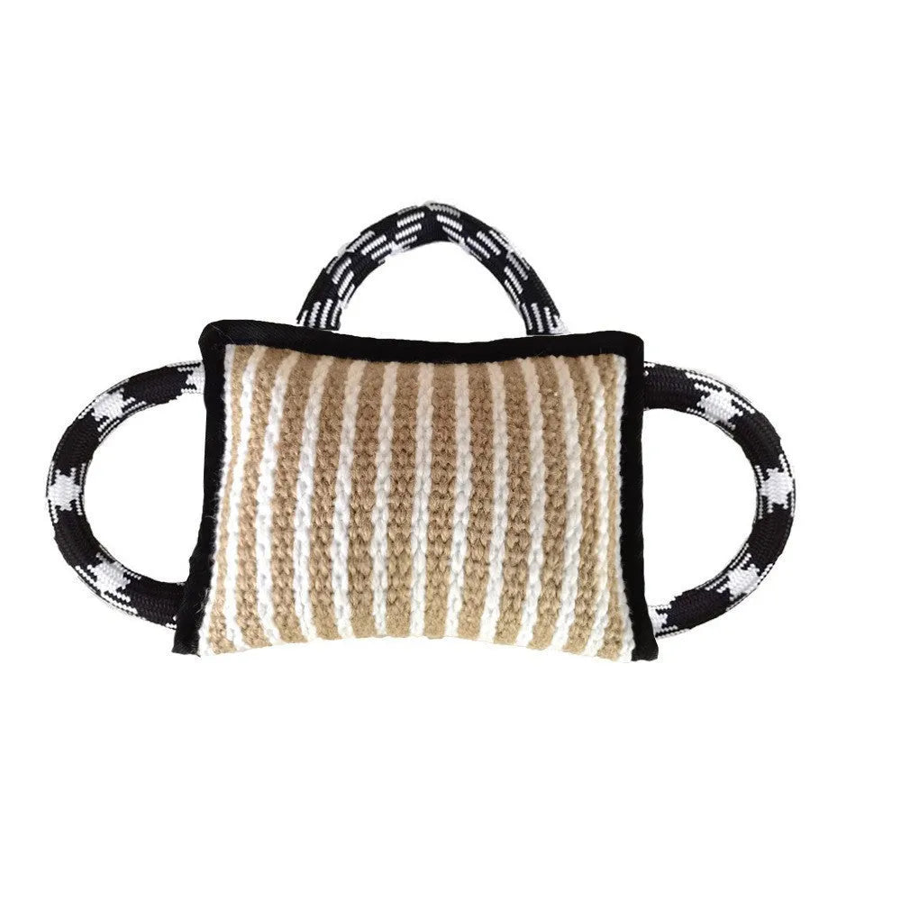 Jute dog tug toy with three rope handles showing 26 cm bite pillow for medium large dogs