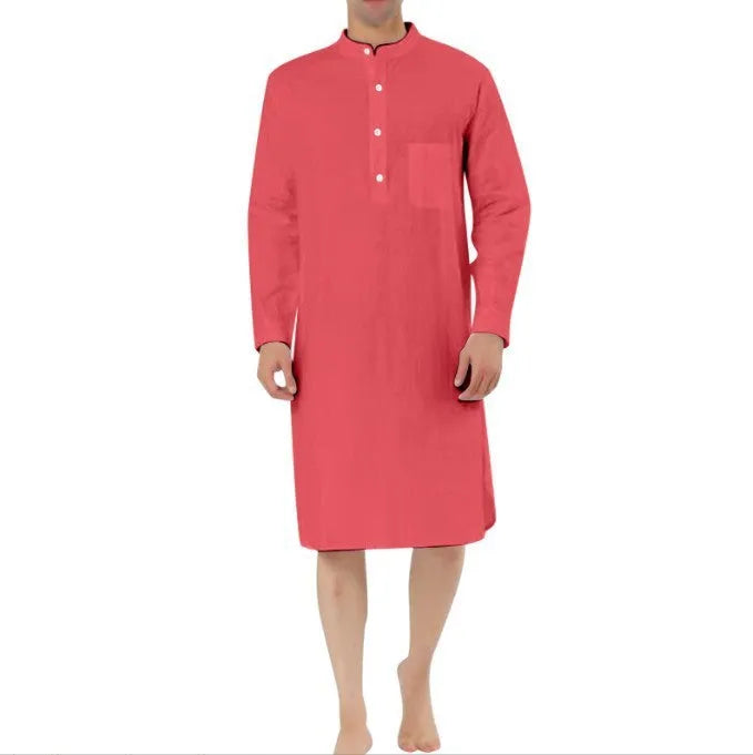 Men's cotton shirt robe in light blue with front pocket and long sleeves on a model