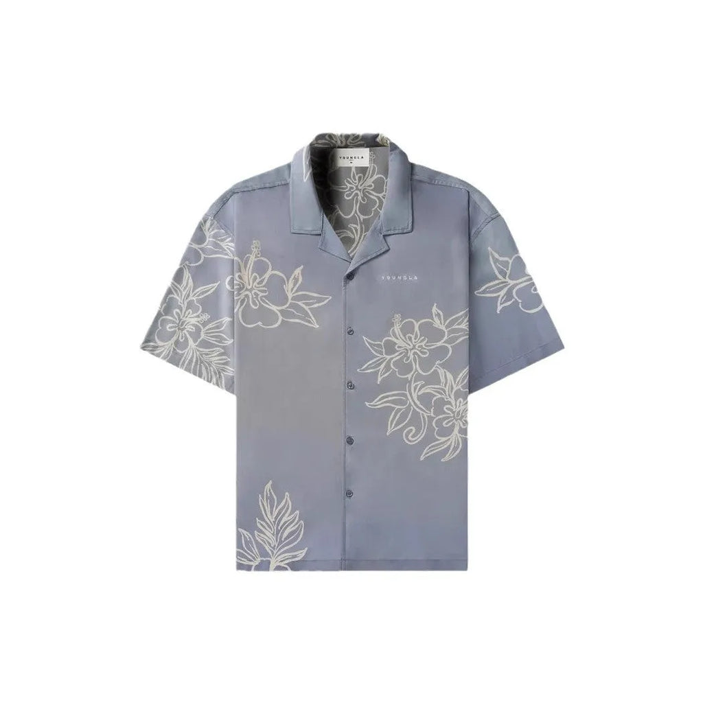 Men's printed casual loose short sleeve top in beige with floral pattern, short sleeves, and cardigan style