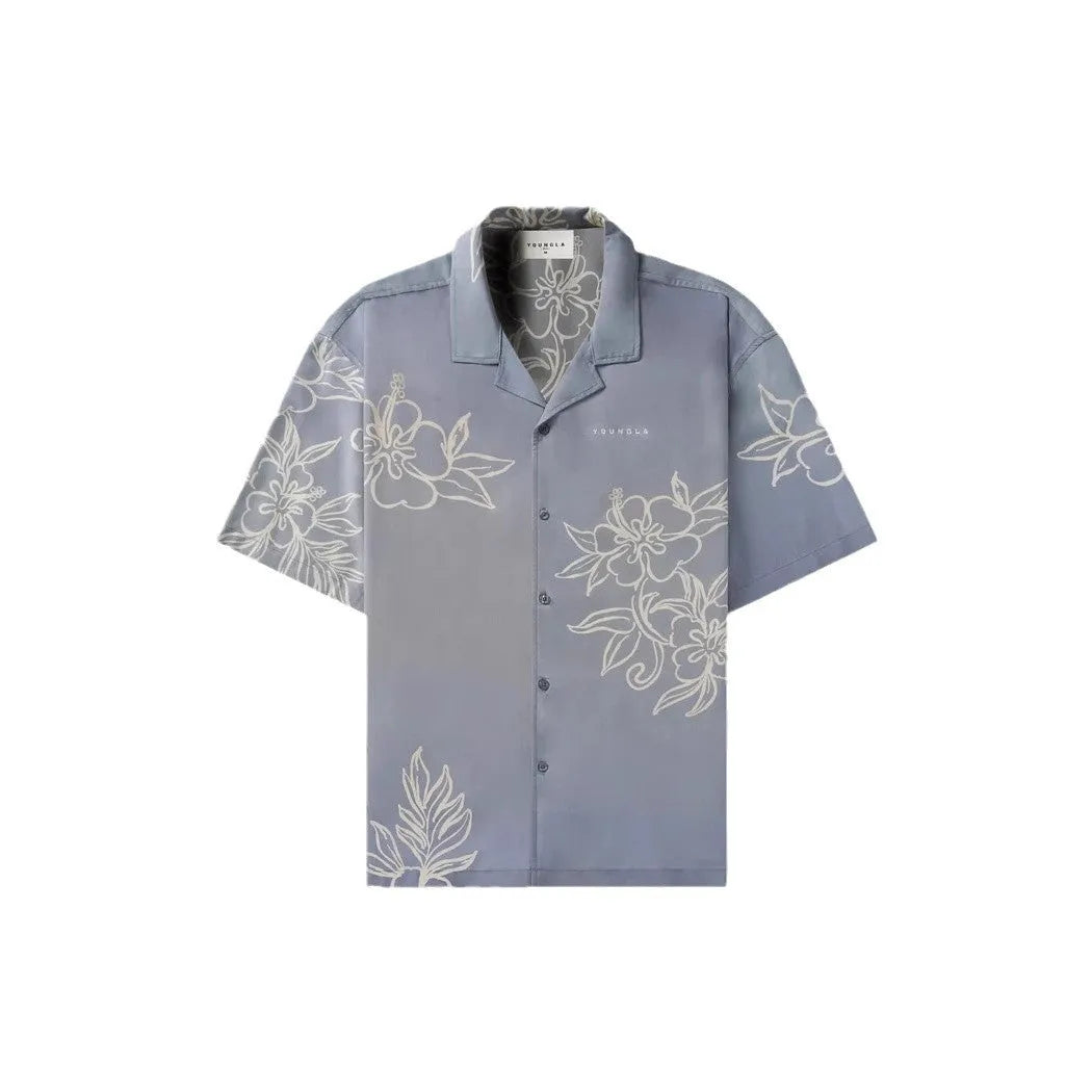 Men's printed casual loose short sleeve top in beige with floral pattern, short sleeves, and cardigan style