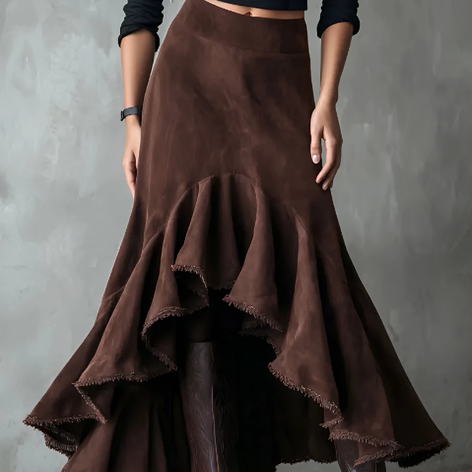 Brown women's maxi skirt with high-low ruffle hem in eco suede polyester fabric