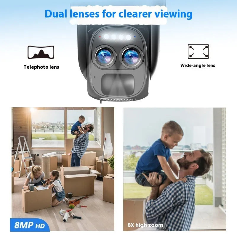 Solar-powered outdoor security camera with 8x zoom lens and colour night vision capability