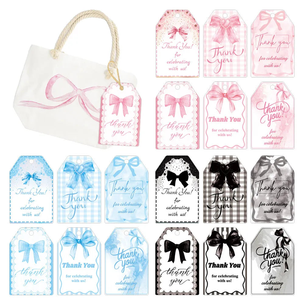 Three style variations of creative bowknot gift label tags with hemp rope attachments