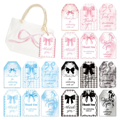Three style variations of creative bowknot gift label tags with hemp rope attachments