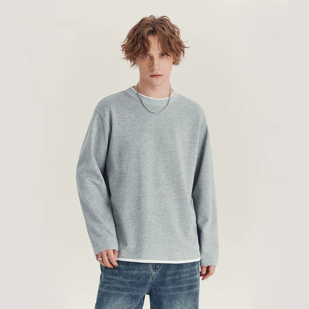 Men's loose fit long sleeve cotton blend t-shirt in melange grey colour