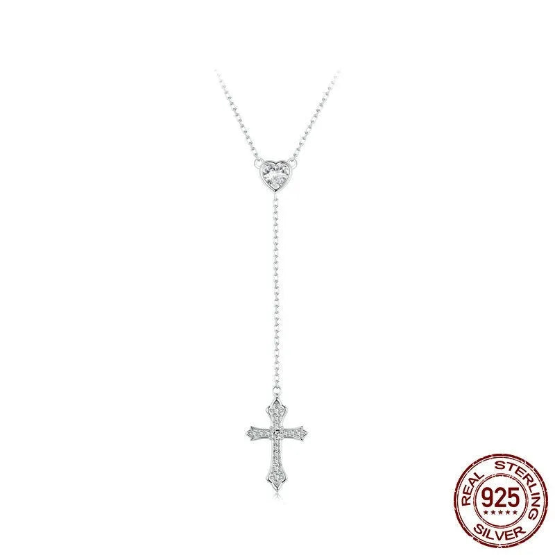 Silver love cross necklace for women with V-neck design and O-ring chain in colour BSN384