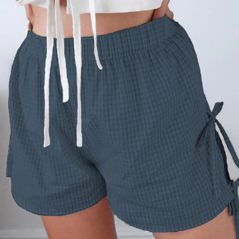 Loose plaid print shorts with lace-up design for women, Y2K summer style, elastic waistband