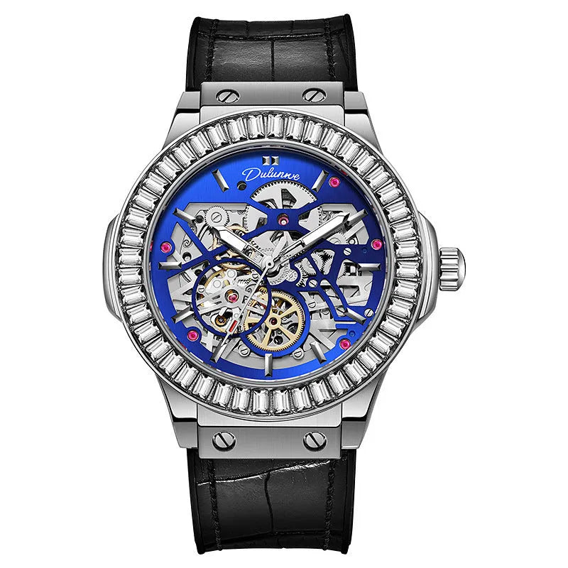 Automatic mechanical men's watch with hollow movement and diamond studding in business style