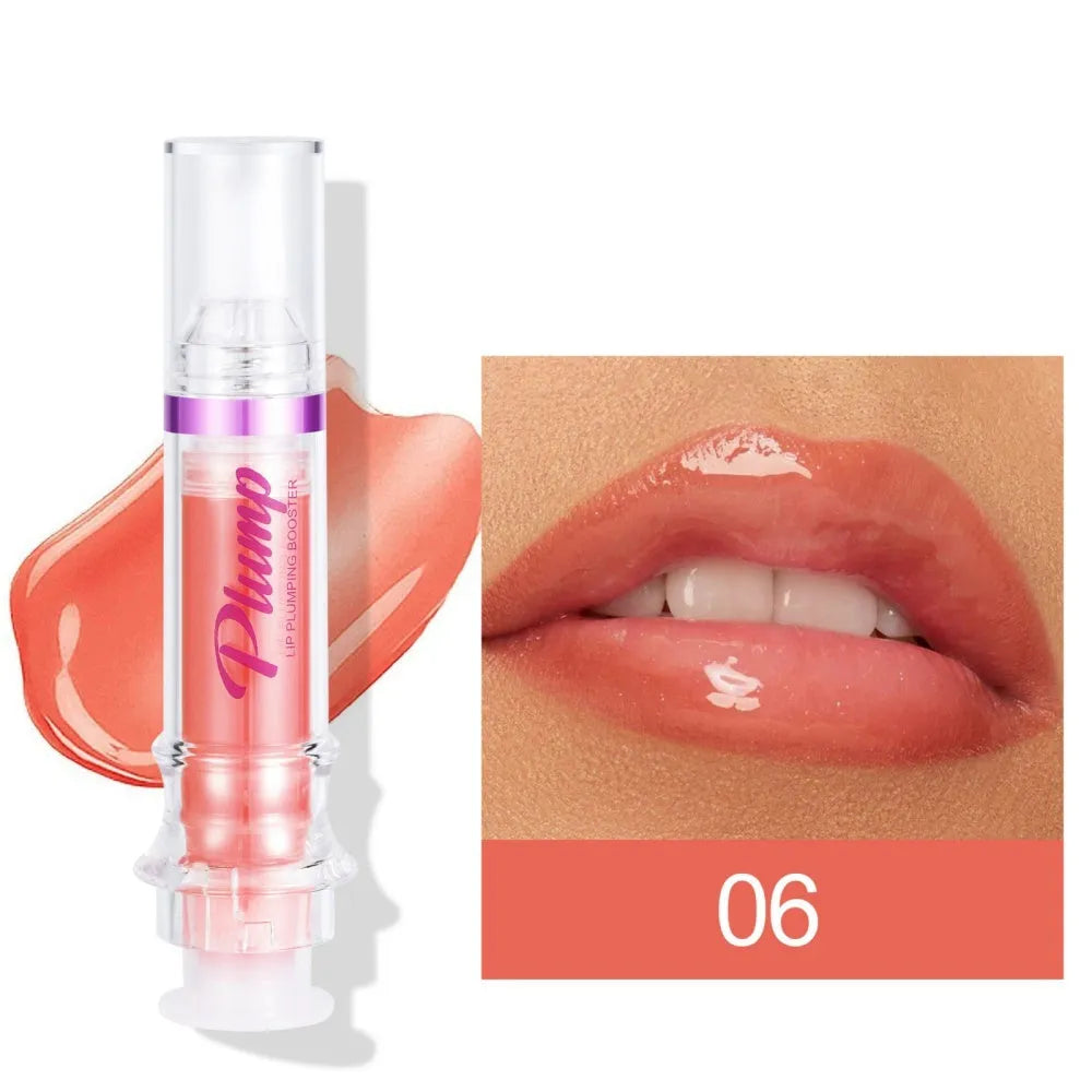 Tube of lip gloss showing shiny finish, available in six different colour shades.