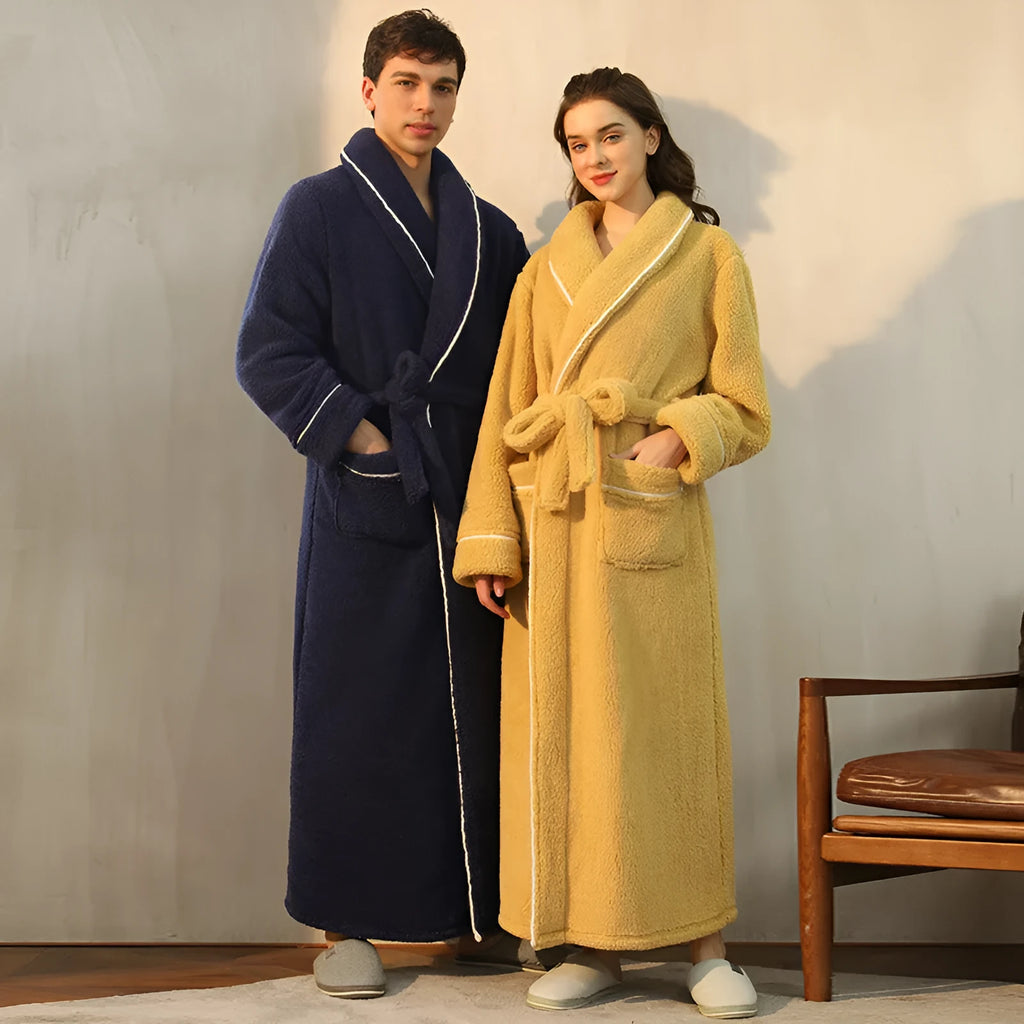 Super thick flannel couple's bathrobe in navy blue, shown on a hanger.