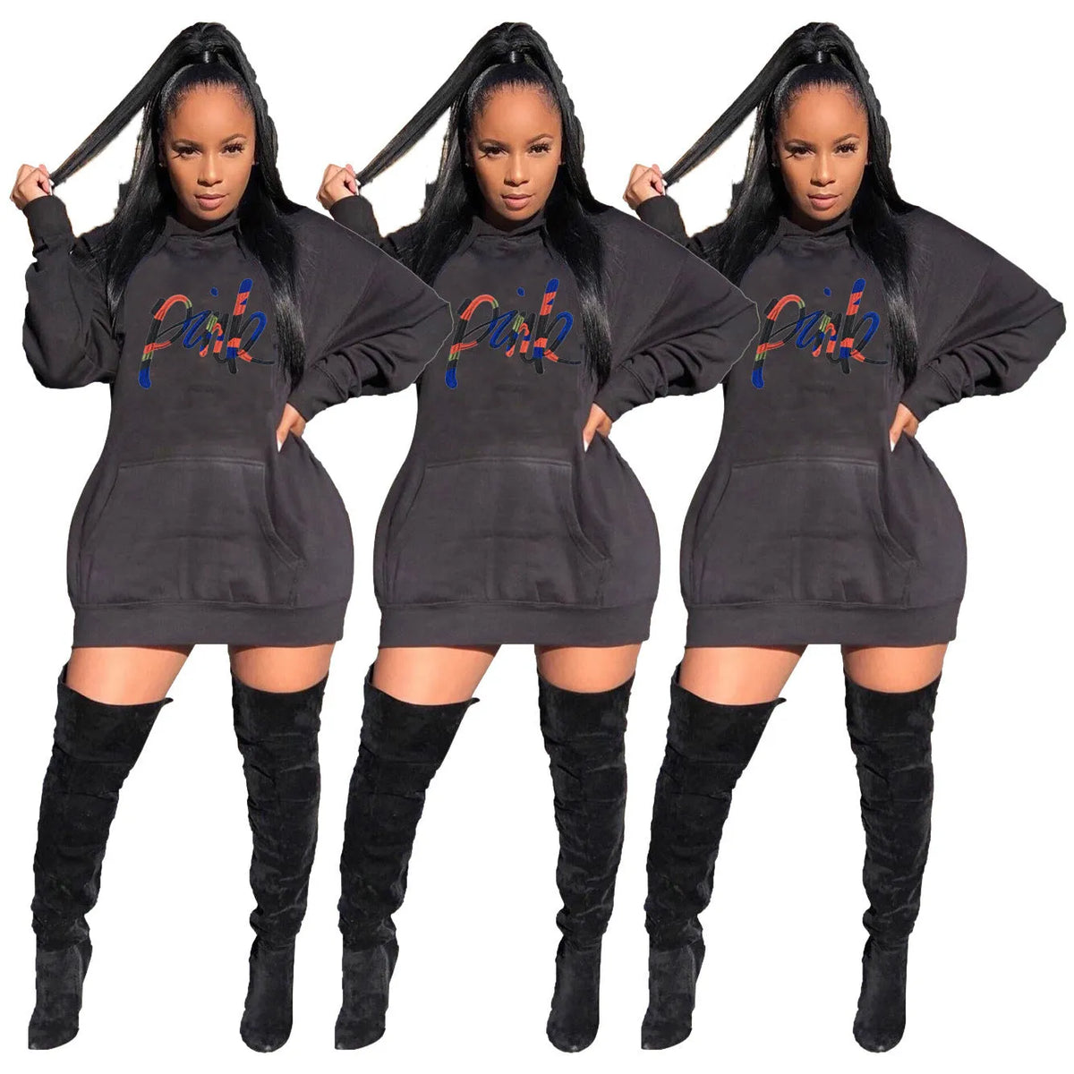 Casual solid colour embroidered letter bat sleeve hooded dress in blue against white background