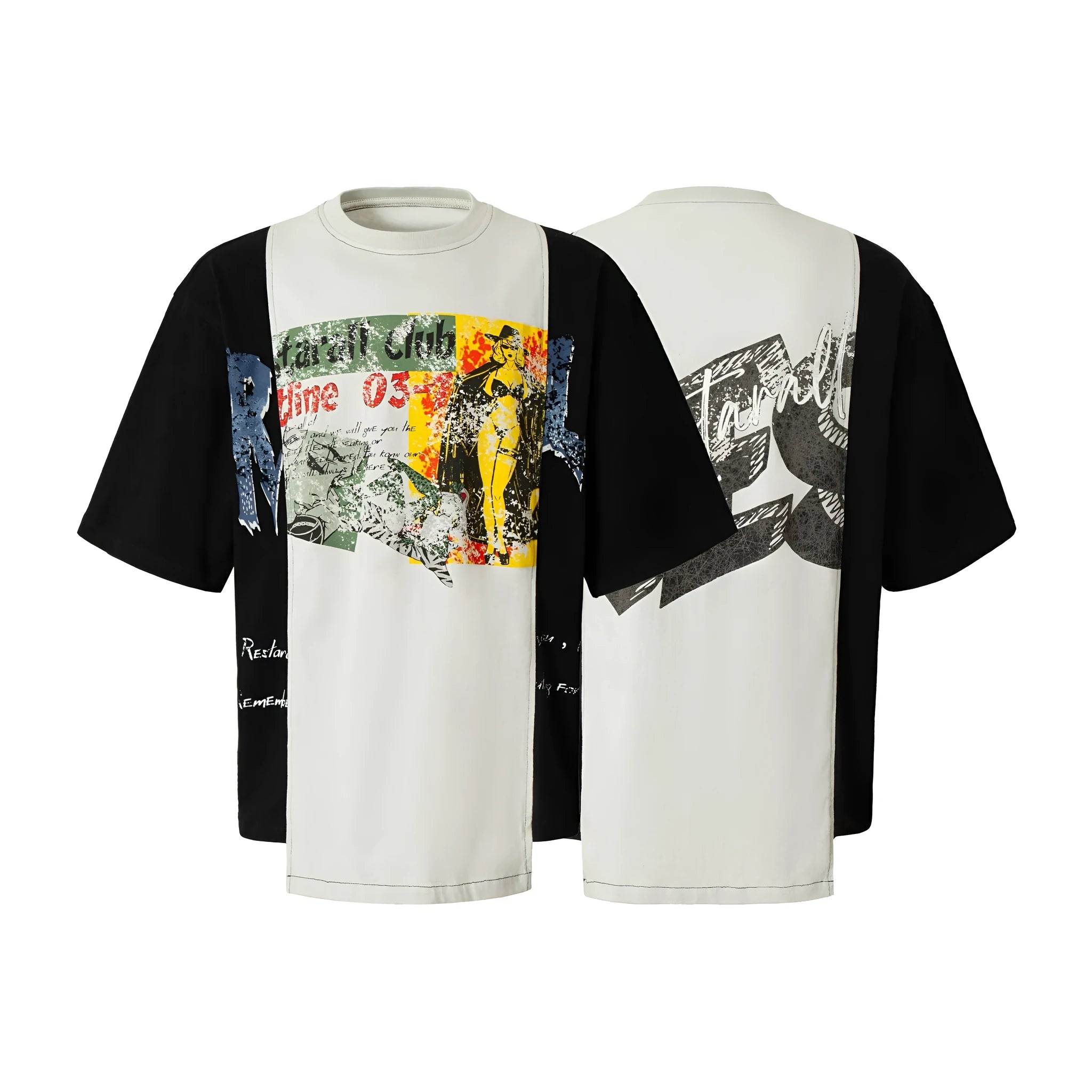 Men's loose fit black and white deconstruction print cotton blend t-shirt on hanger.