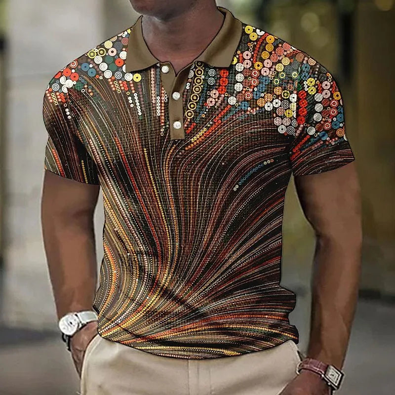 Men's asymmetric short sleeve shirt with striped and geometric printed pattern in a lightweight cotton blend fabric.
