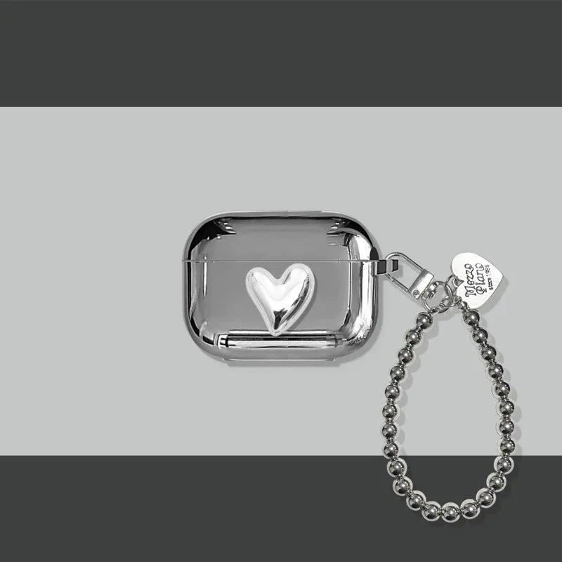 Electroplated solid colour TPU case for AirPods with attached heart pendant and bracelet chain