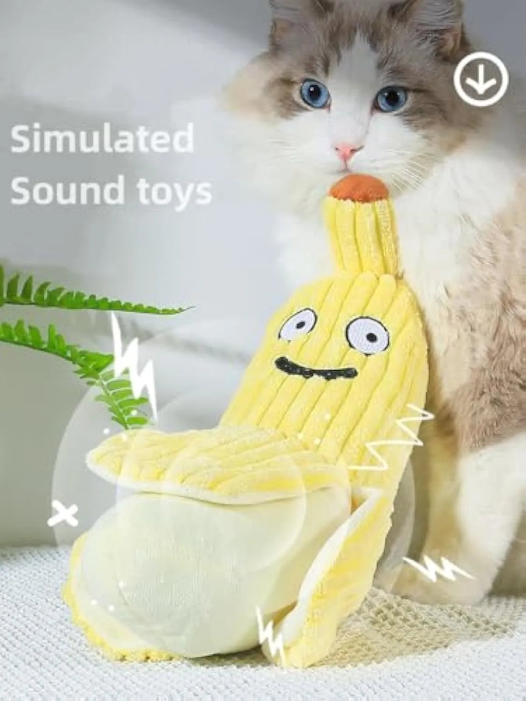 Yellow banana-shaped cat crinkle toy measuring 13 inches long with plush fabric