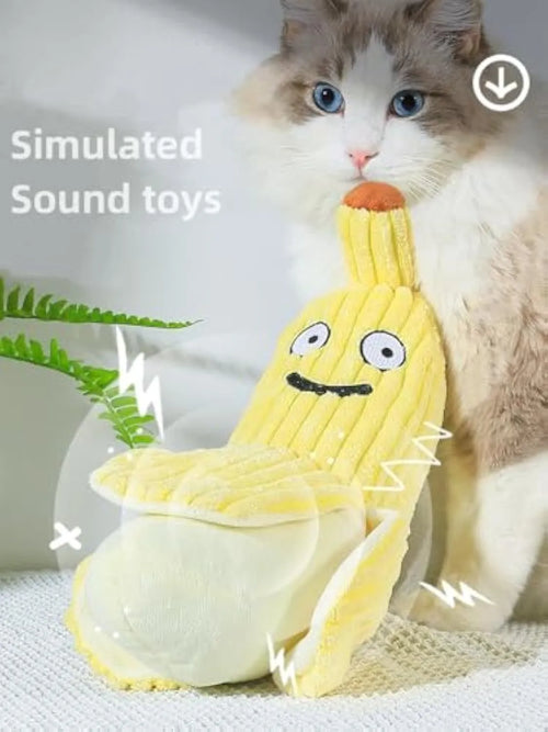 Yellow banana-shaped cat crinkle toy measuring 13 inches long with plush fabric