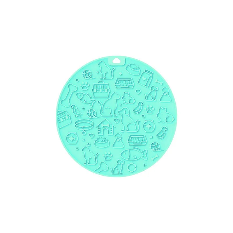 Round silicone pet lick mat with suction cup base in blue colour