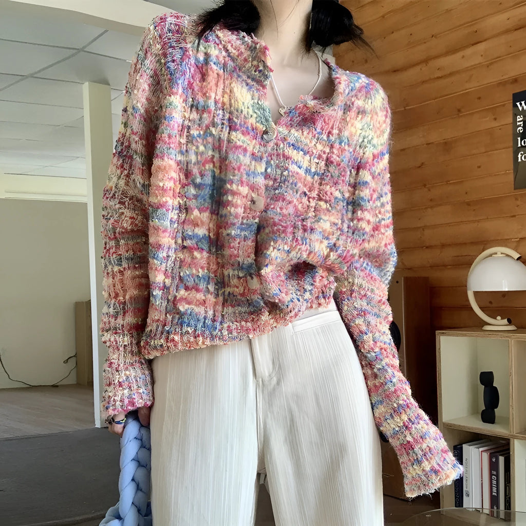 Retro style acrylic knitted cardigan sweater with toothbrush hair texture in pink or green colour options