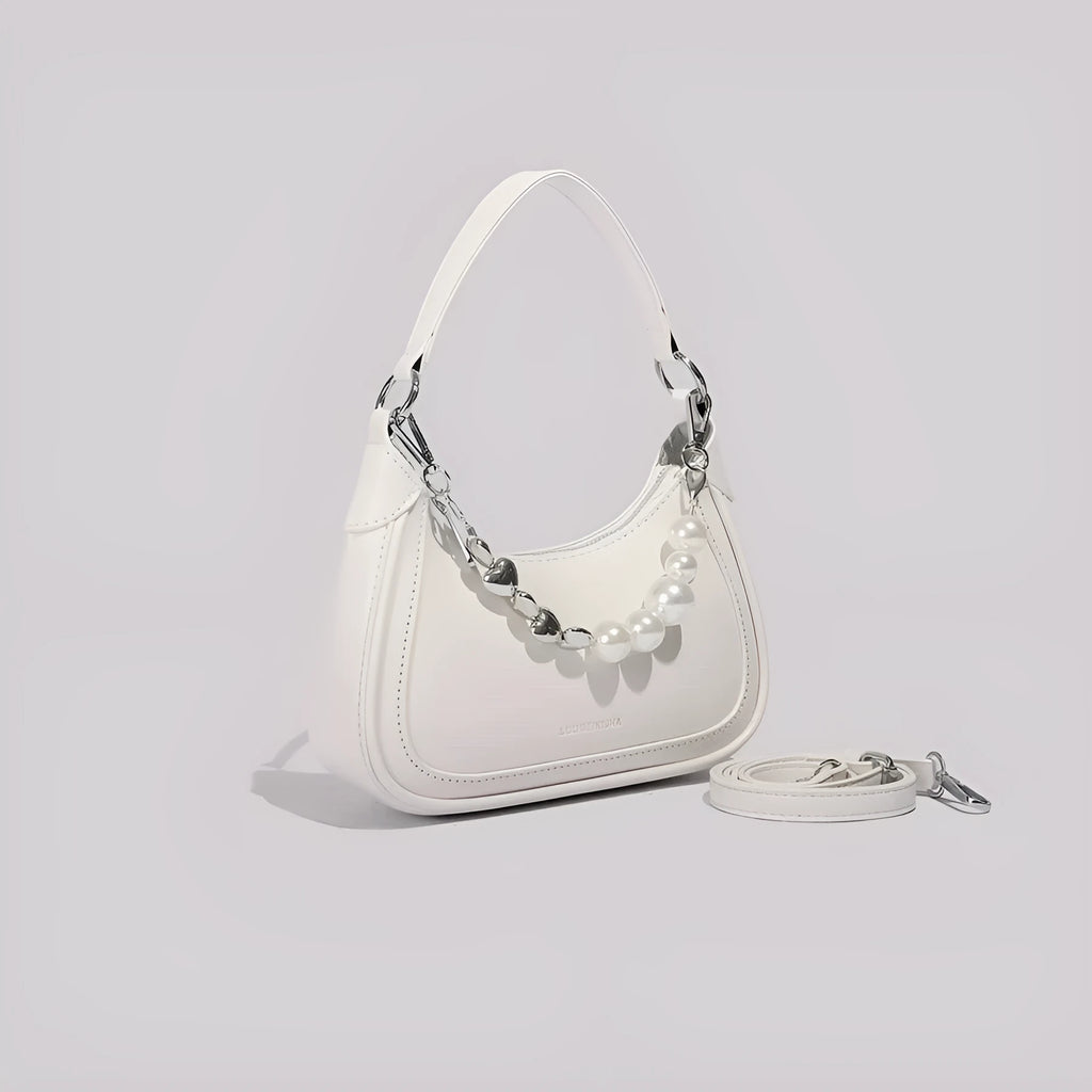 White PU crossbody bag vertical square shape with sewing line detail and three-dimensional outer pocket