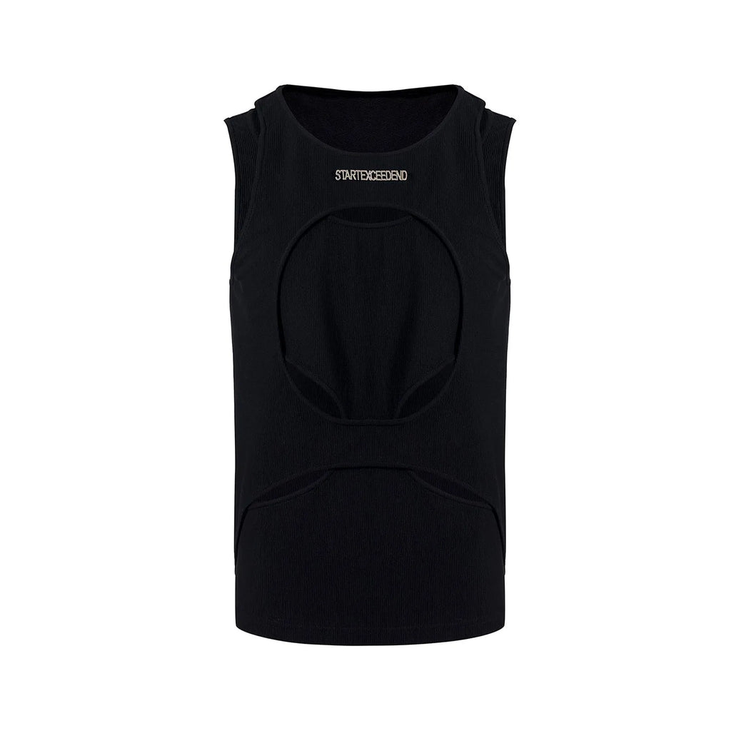 Men's black and white hollow thread sleeveless waistcoat with round neck
