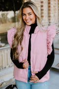 Pink stand neck puffer vest with flutter sleeves and snap buttons on a plain background