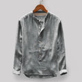 Men's solid colour casual cotton-linen shirt on a hanger, showing colour options of dark blue, grey, yellow, green, and khaki.