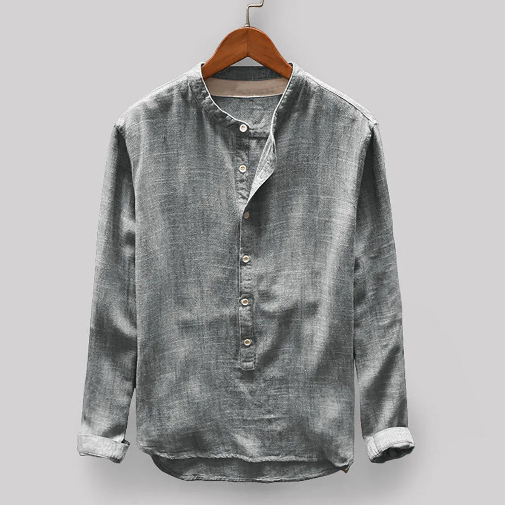 Men's solid colour casual cotton-linen shirt on a hanger, showing colour options of dark blue, grey, yellow, green, and khaki.