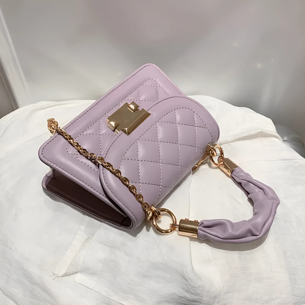 Small square shoulder bag with rhombus pattern PU leather in purple colour with crossbody strap