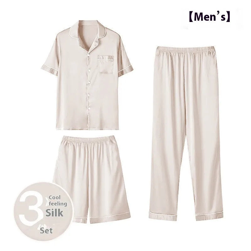 Men's ice silk three-piece home wear suit showing thin fabric, including trousers and shorts, in a selection of available colours.