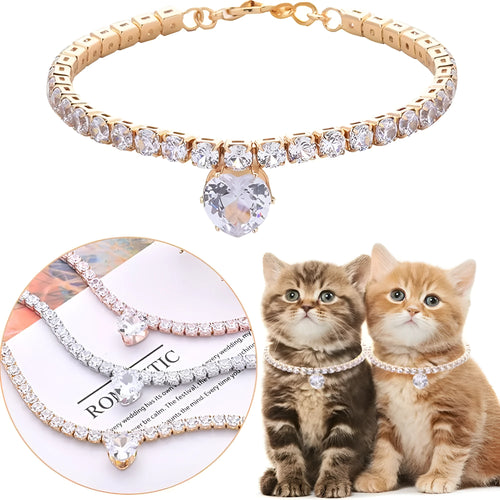 Heart-shaped rhinestone pet collar in metallic gold with extension chain for dogs and cats