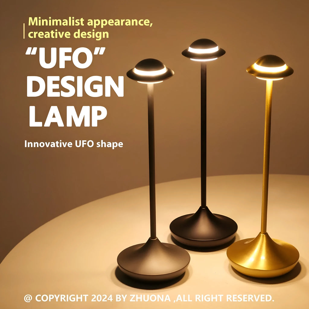 Black UFO-shaped metal table lamp with rechargeable battery and touch dimming controls.