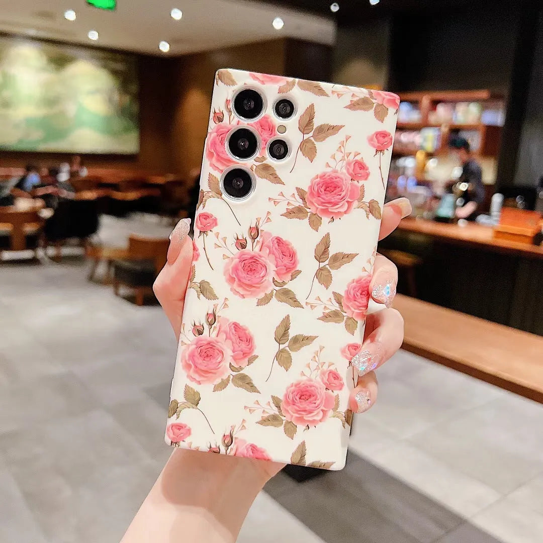Vintage flower crossbody silicone phone case for Samsung S23 Ultra in green and blue with lanyard