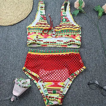 Women's multicolour checkered bikini set with cross-strap bra and high-waist fishnet briefs on a neutral background.