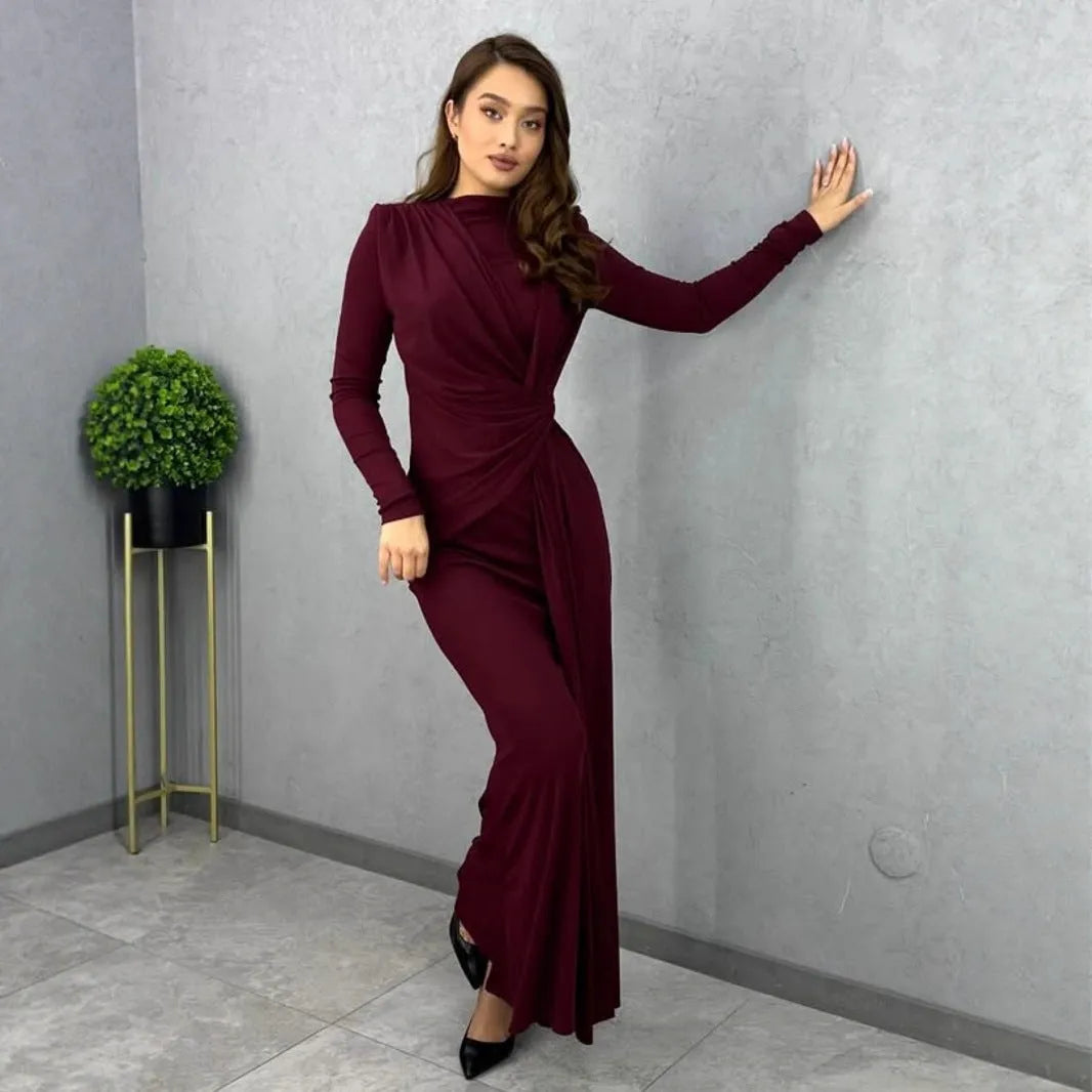 Long sleeve fitted waist pleated long dress in solid colour high waist one-step style