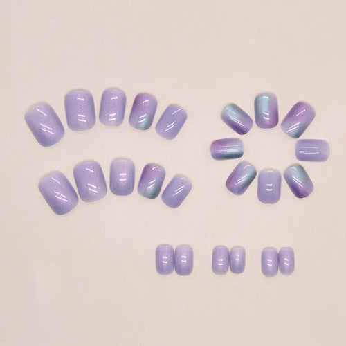 Short aurora fake nails with starry sky pattern in bright colours, 24 pieces with adhesive glue