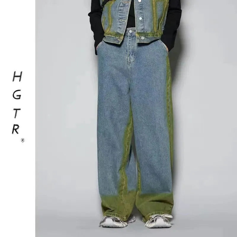 Blue distressed vest and jeans set with colour gradient spray effect and fleece lining