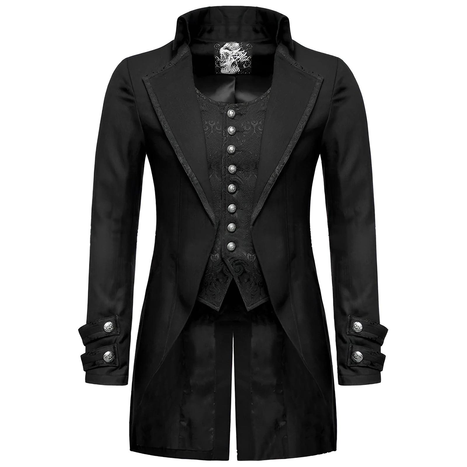 Black Victorian morning gown cosplay jacket with gothic styling for historical reenactment