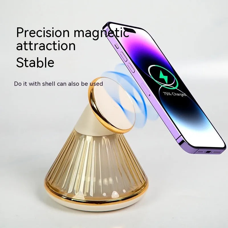 Night table lamp with magnetic wireless charging seat in champagne gold metallic finish