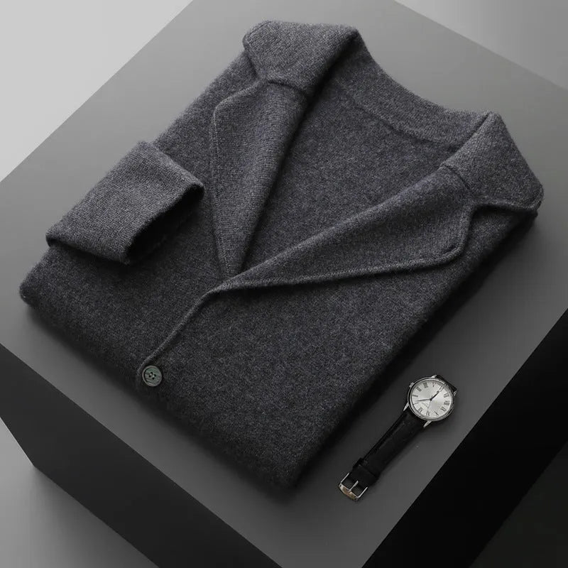 Men's loose fit cashmere cardigan jacket in light grey on a hanger