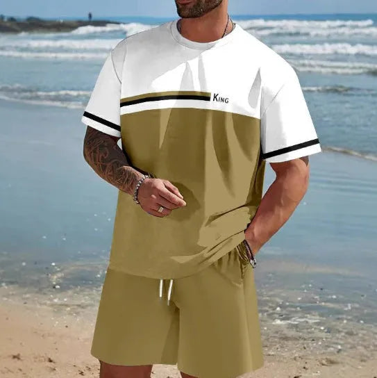 Man wearing a loose fit light blue short-sleeved t-shirt and matching shorts summer set.