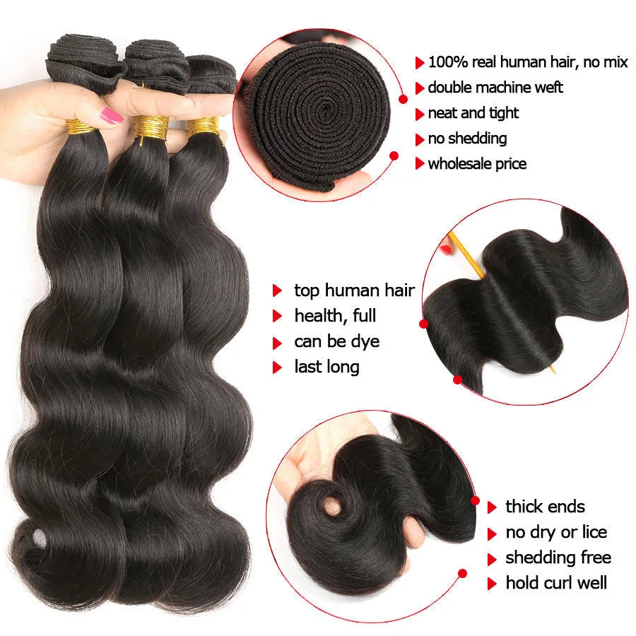 Piece body wave human hair bundles in black, lengths 8 to 24 inches, on a light background