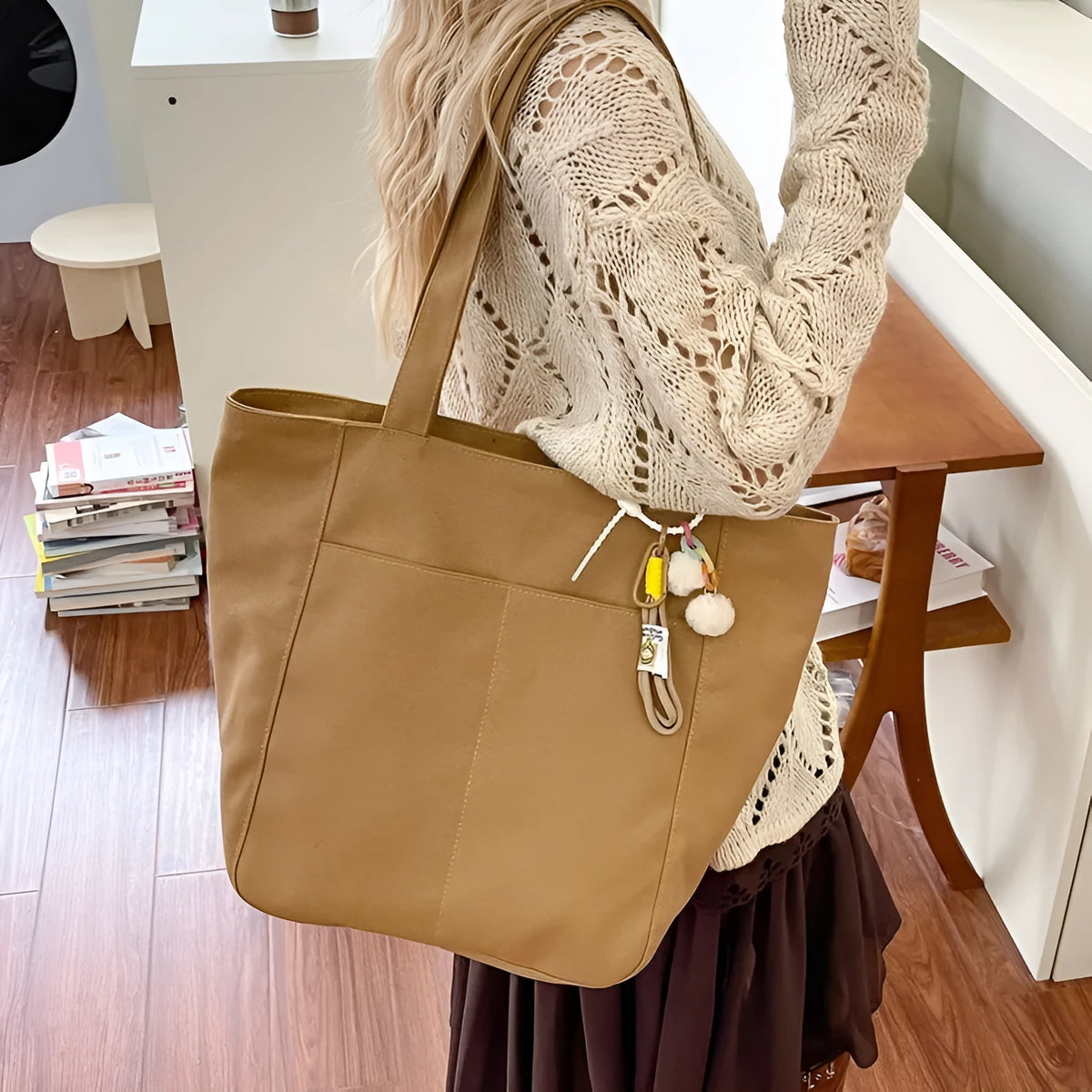 Canvas casual large capacity shoulder bag for women in black with colour blocking and pendant