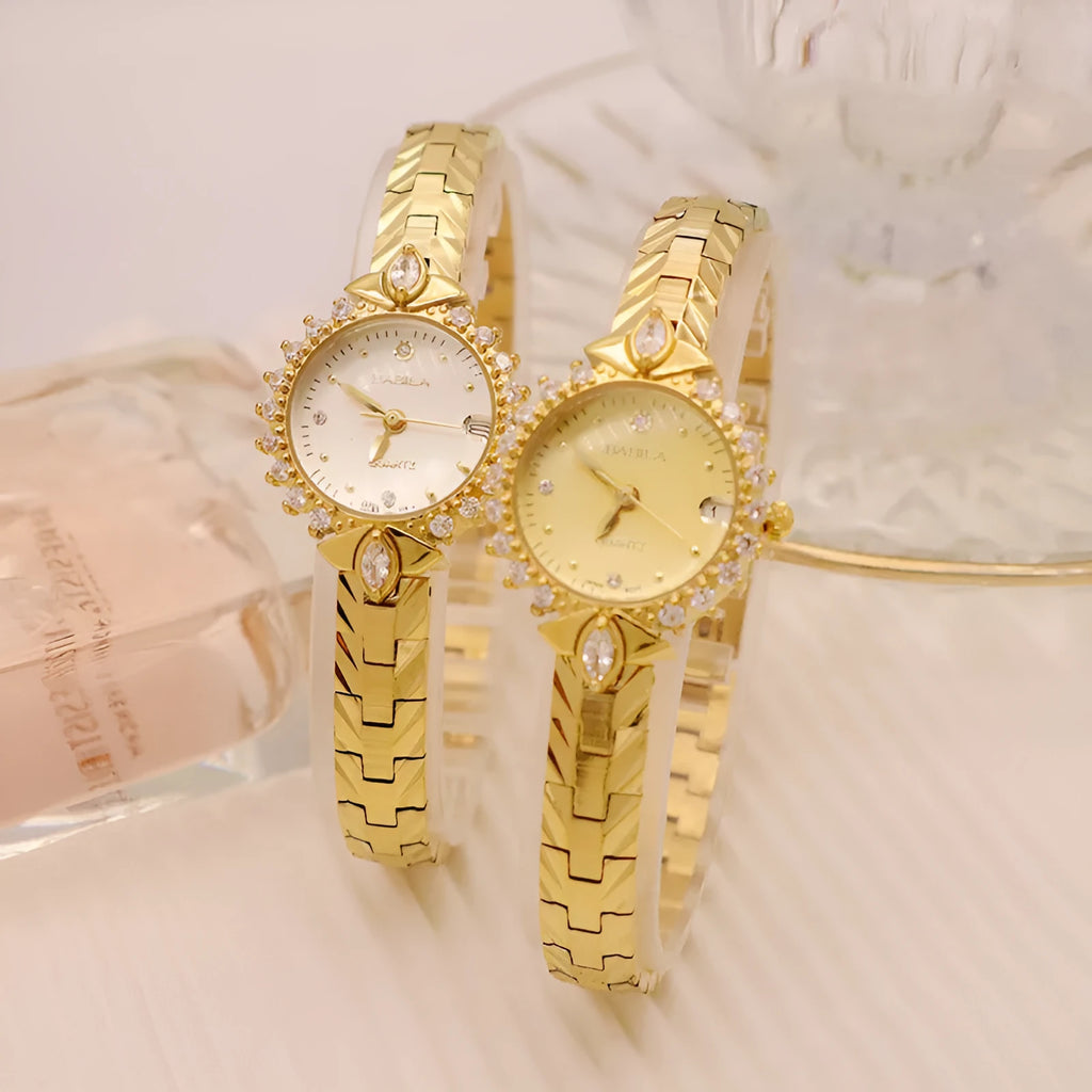 Women's quartz watch with diamond embossed bracelet in gold colour